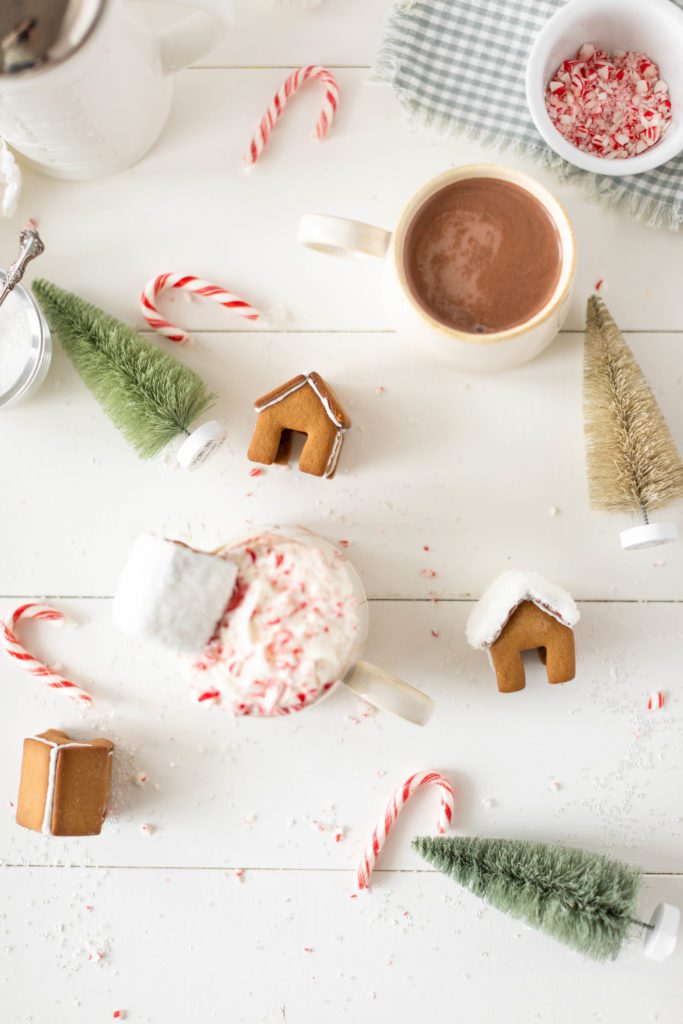 hot chocolate, candy canes, Christmas trees and Mini Gingerbread House Mug Toppers