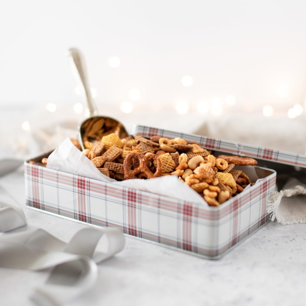 homemade classic nuts and bolts in a gift tin with a scoop