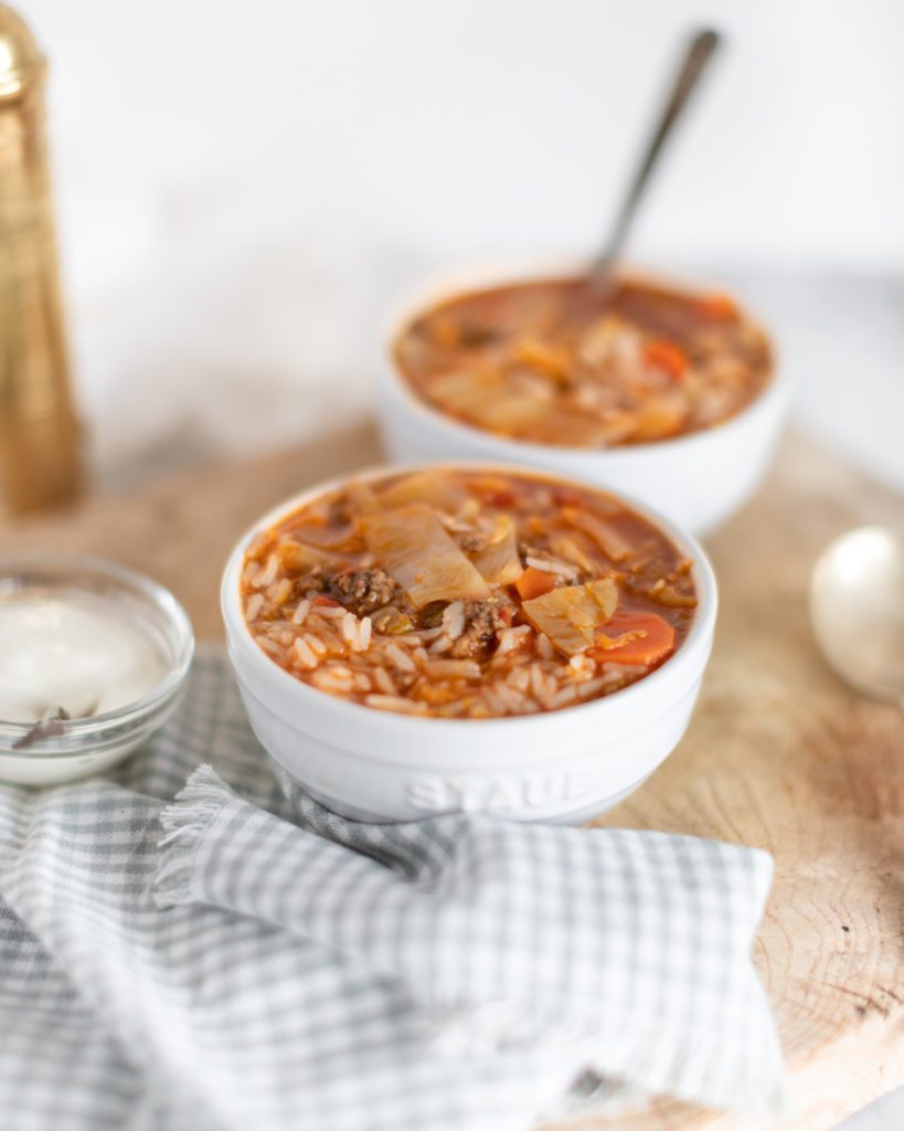 cabbage roll soup in bowls