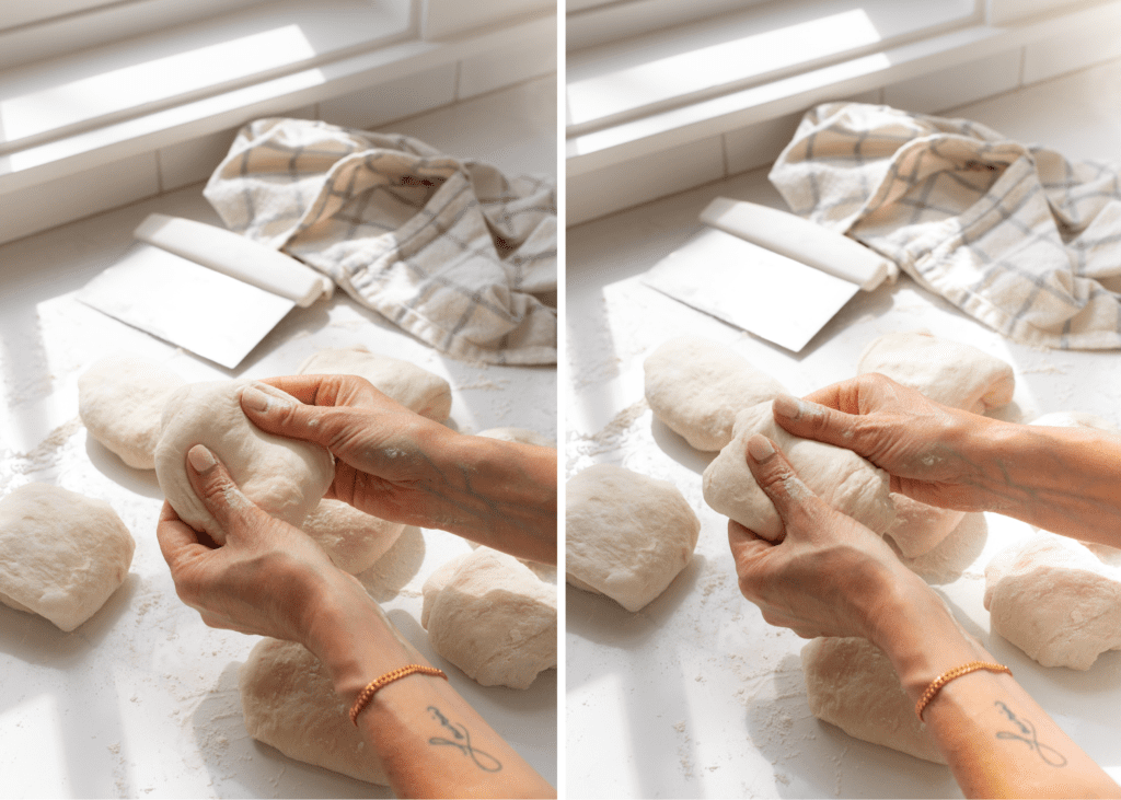 hands kneading Ciabatta Buns dough
