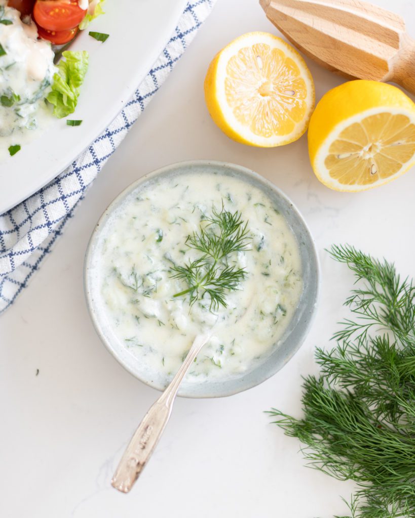 small dish of Homemade Tzatziki with dill and lemon