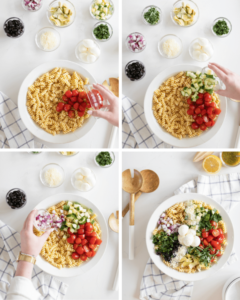 4 images on a hand adding vegetables on top of a Italian Pasta Salad