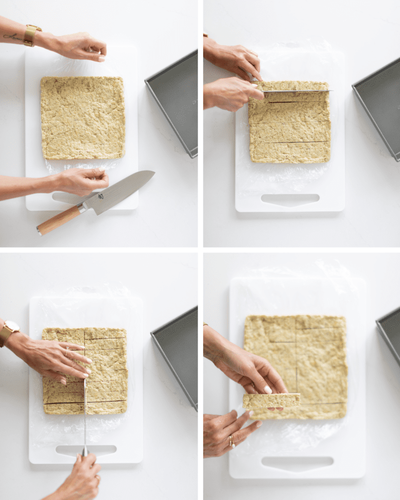 4 images of the process of making Panisse Chickpea Fries and cutting into shapes