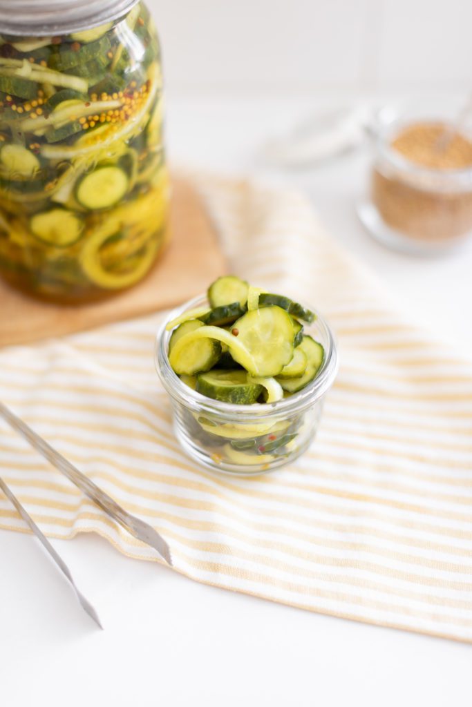 Quick homemade bread and butter pickles in a small bowl