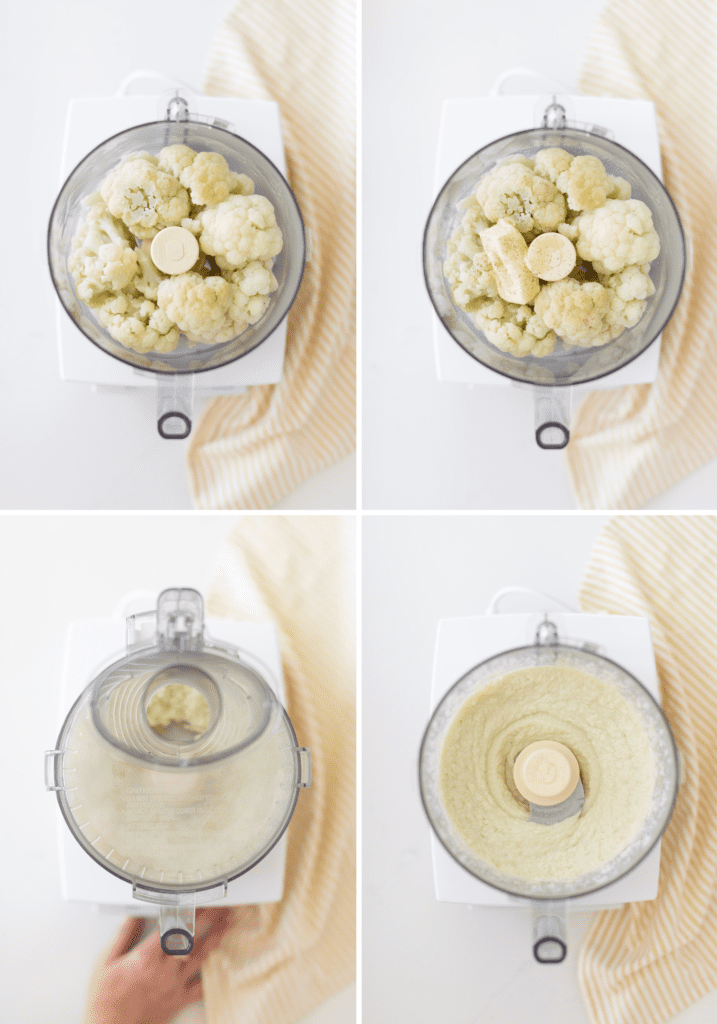 cauliflower being pureed in a food processor