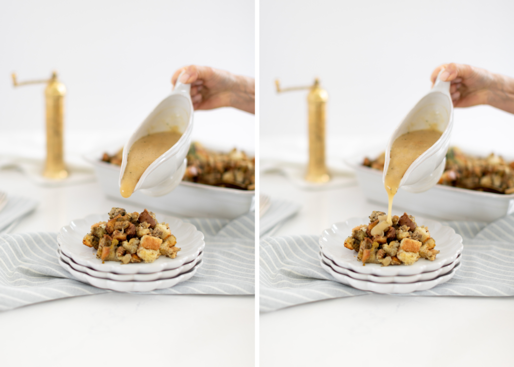 gravy boat being poured over a plate of stuffing
