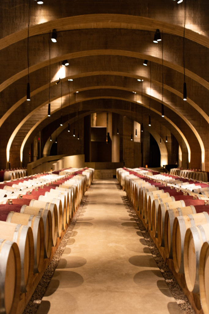 the Mission Hill Winery cellar room full of wine barrels