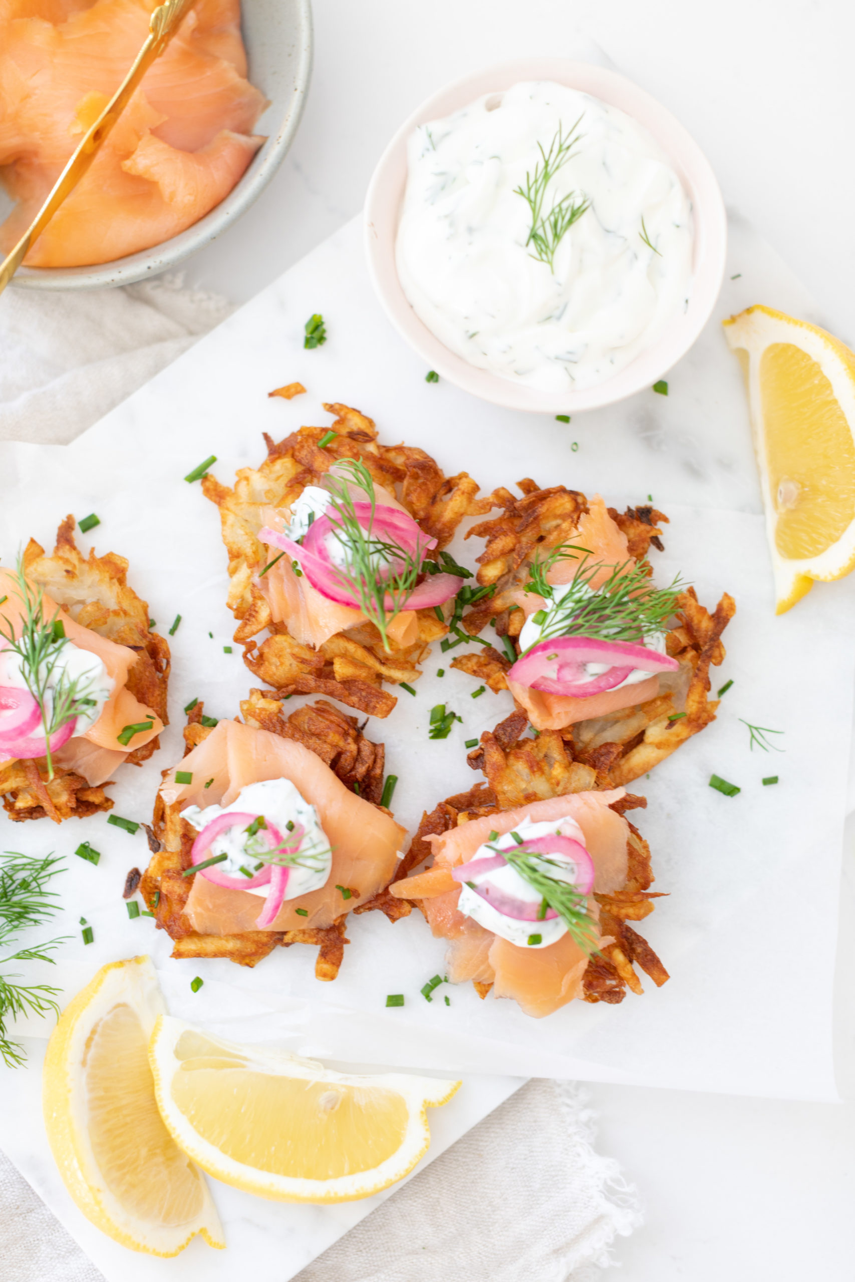 Potato Pancakes with Smoked Salmon Fraiche Living