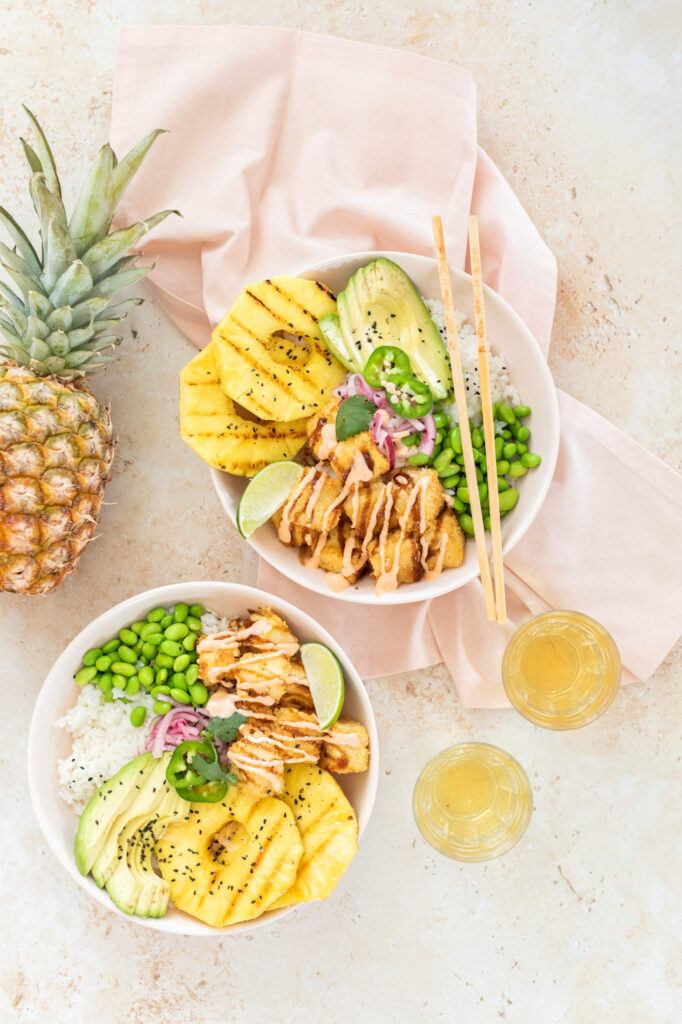 tofu bowl with pineapple, avocado and spicy mayo