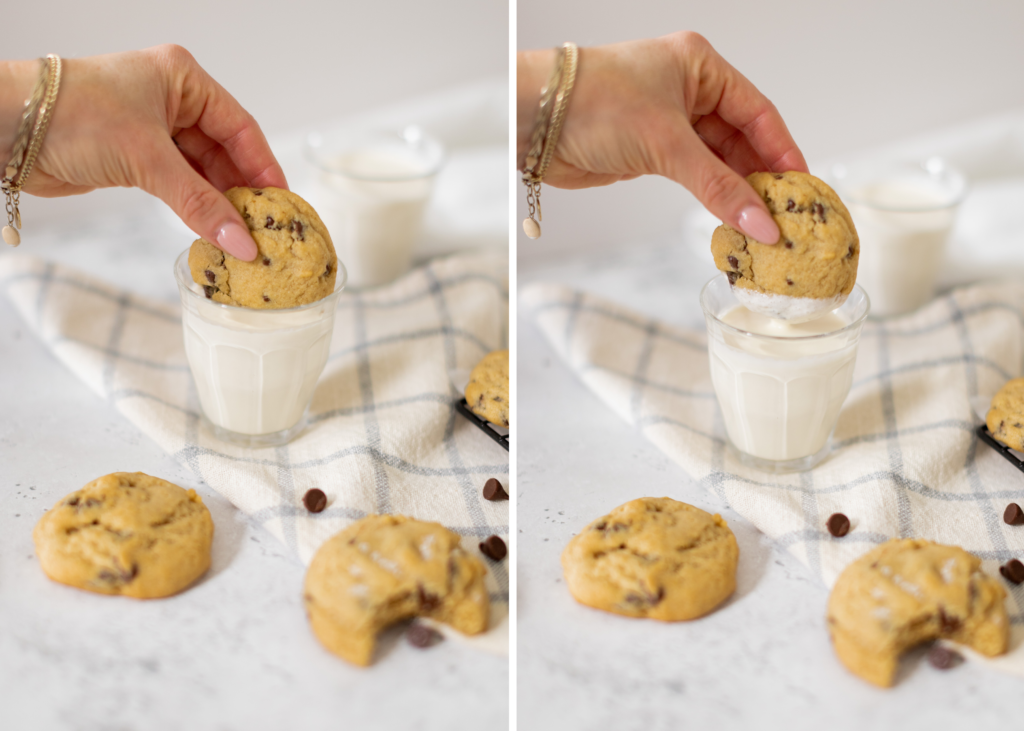 hand dunking Chocolate Chip Cookie into glass of milk
