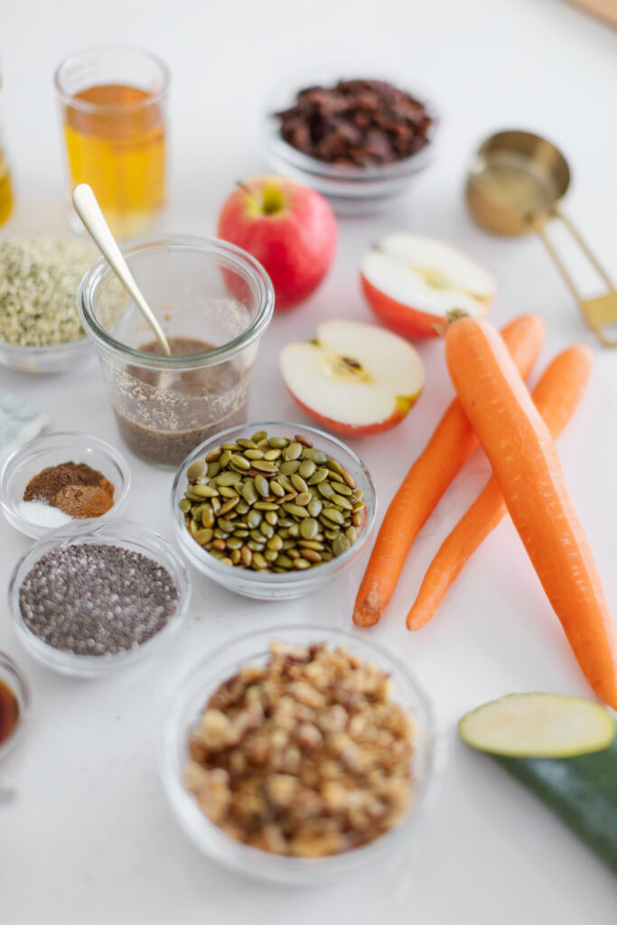 healthy ingredients for Hello Beautiful Cookies including carrots, apples, nuts and seeds