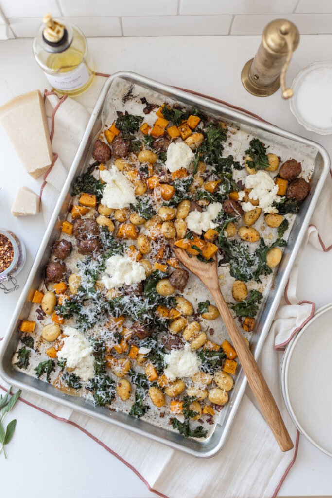 Sheetpan with golden gnocchi, roasted butternut squash, crispy kale, and Italian sausage