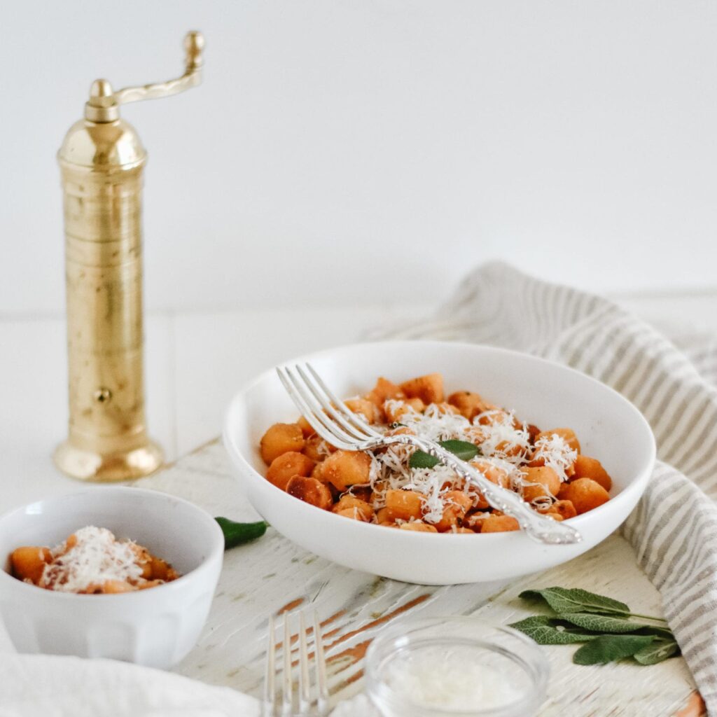 Fraîche Living Sweet Potato Gnocchi on a white plate