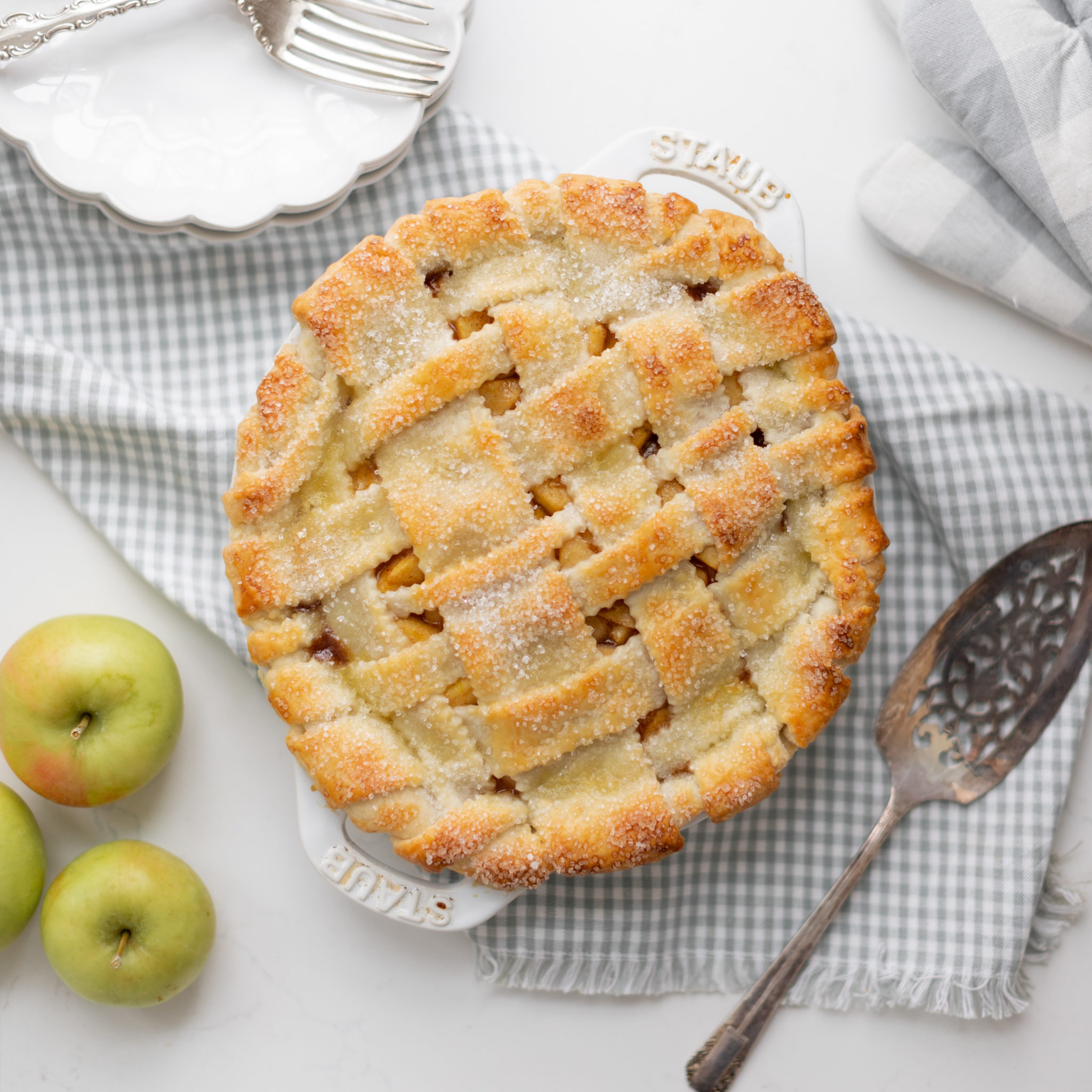 Fraîche Living Apple Pie on checkered linen